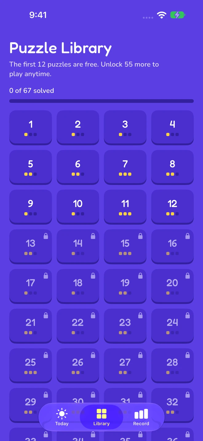 Puzzle Library showing the first 12 free puzzles and Editions unlock.
