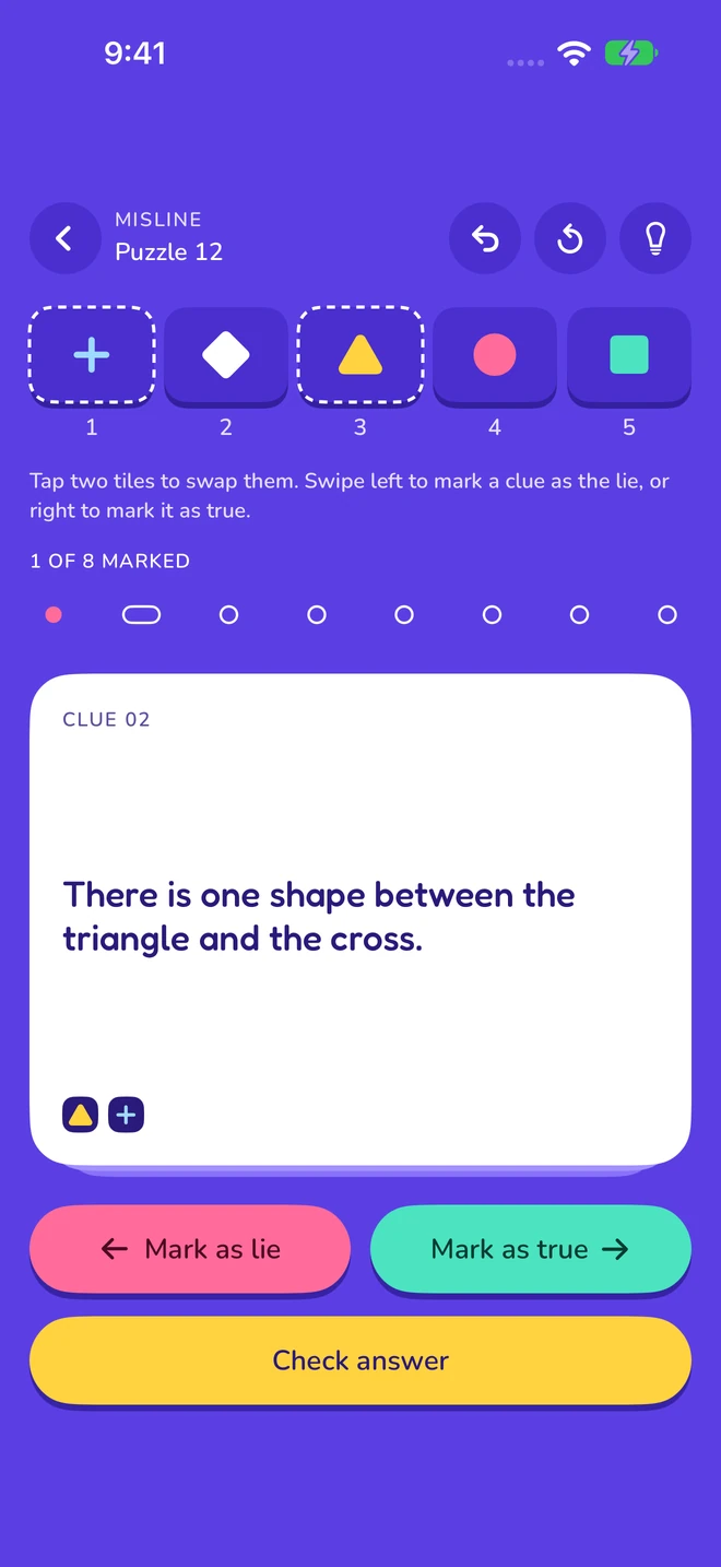 Five shape tiles above a clue card with Mark as lie and Mark as true controls.