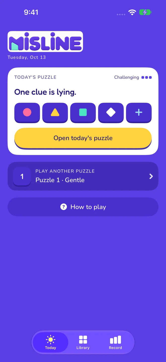 MISLINE Today screen with the daily puzzle and a library puzzle shortcut.